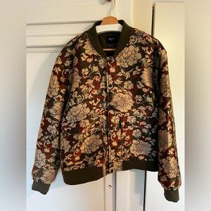 Forever 21 Floral Olive Bomber Jacket